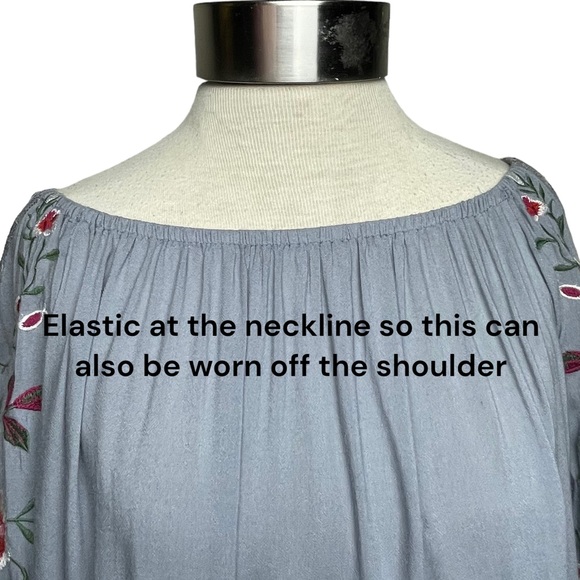 Umgee Womens Bohemian Blue/Gray Floral Embroidery Flowy Bell Sleeve Sz Small - Picture 6 of 15